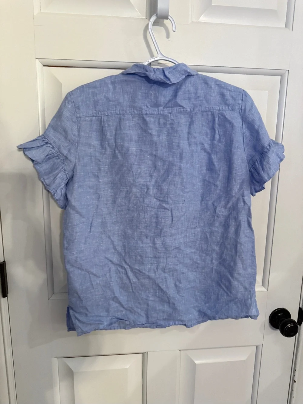 J.Crew Blue 100% Linen Ruffle Short Sleeve Button Front Top Size 0 6021_8